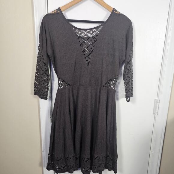 Free People Womens Dress Sz M Dark Brown To the Point Fit and Flare Lace Boho - Picture 6 of 7